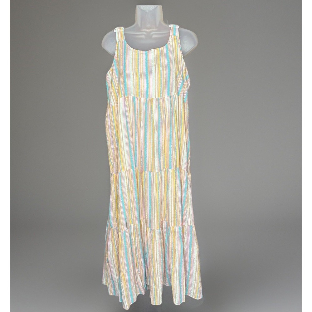 Linda Anderson Dress Women L Multicolor Sparkle Striped Tiered Maxi Boho Cottage